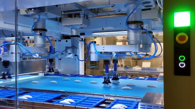 Smart machines do the work of people in a factory. Smart machines shift finished products from the conveyor belt. Concept Smart machines do the job faster and better than humans.