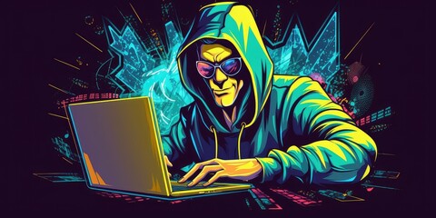 Generative AI. Computer hacker stealing data from a laptop. Scammer sitting in front of the computer.