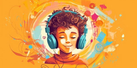 Obraz na płótnie Canvas Generative AI. Student listening to the music with earphones. Studying concept. Back to school concept. 