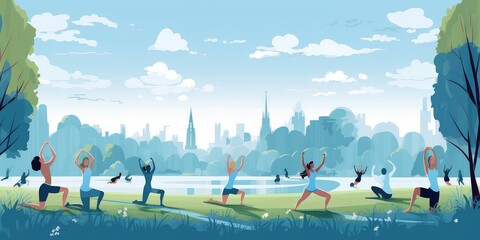 Generative AI. Vector illustration of people doing yoga outdoors. International yoga day concept. 