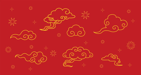 Chinese new year auspicious clouds vector symbols set. Line symbols, decorative elements for chinese new year of festival in Asia. Oriental traditional clouds pattern. - obrazy, fototapety, plakaty