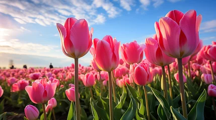 Fotobehang field of tulips in Holland against the blue sky. Generative Ai.  © PETR BABKIN
