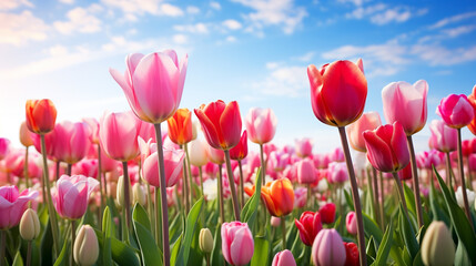 beautiful colorful tulips against the blue sky. Generative Ai. 