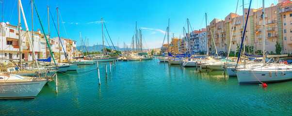  Cityscape with marina in Empuriabrava town. Costa Brava, Catalonia, Spain