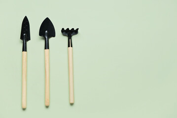 Gardening rake and shovels on green background