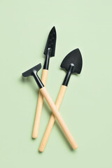 Gardening rake and shovels on green background
