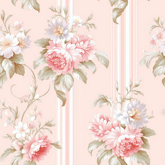 Seamless pattern, tileable striped pink floral country style print for wallpaper, wrapping paper with English countryside rose flowers for scrapbook, fabric and product design