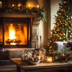 Christmas, holiday decor and country cottage style, cosy atmosphere, decorated Christmas tree in the English countryside house living room with fireplace, interior decoration