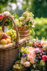 Summer garden harvest, farmers market and country buffet table, cakes and desserts in wicker basket in the garden, food catering for wedding and holiday celebration, floral decor