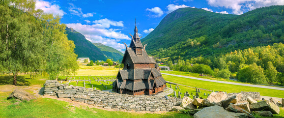 Panorama with old Borgund Stave Church. Norway