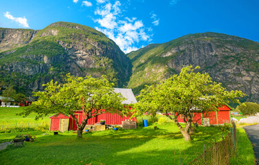Scenic landscape with typical red farm houses in mountain valley. Norway