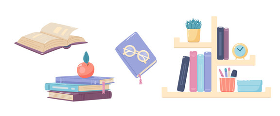 Set of illustrations with books in hand drawn style. Textbooks are stacked, on shelf, with bookmark, open. Flat vector for design