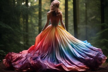 Fototapeta na wymiar A woman in a rainbow-colored dress in the forest