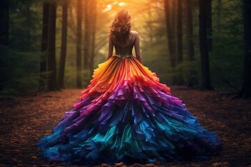 Fototapeta na wymiar A woman in a rainbow-colored dress in the forest
