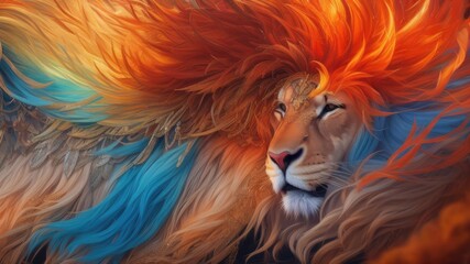 Banner of fairy lion from a pride. It emanating a sense of strength and dominance. Dramatic sky with vibrant colors and contrasting tones with intense oranges, purples, and golden hues. Generative AI