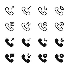 Minimalistic calling phone and other actions with phone vector icons set. Tube iconі with waves, arrows, speech bubble and other. Phone symbol for your design,
