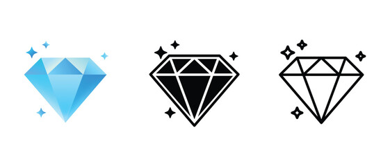 Realistic, flat and linear diamond with reflections vector icons. Precious stones and adamant concept icon design.