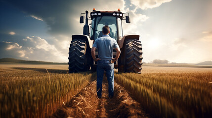 Obraz premium Farmer in the wheat field with his big tractor. Generative Ai. 