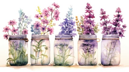Overflowing Bundles of Purple Wildflowers in Three Mason Jars AI Generated