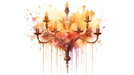 Beautiful Watercolour Illustration of a Three-Armed Candelabra in Burnet Gold AI Generated
