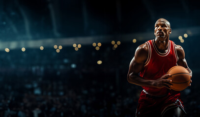 A basketball player in a red uniform holds a ball in his hands. Background with space for text. Generative Ai