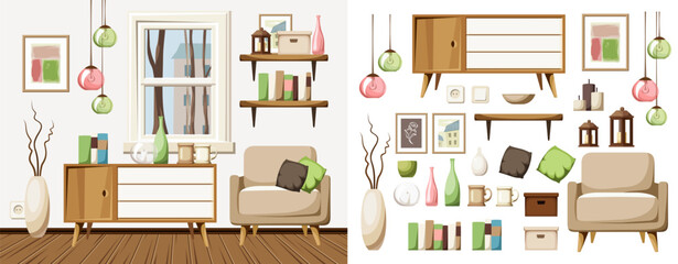 Autumn living room interior design with an armchair, a dresser, bookshelves, and colorful hanging lamps. Furniture set. Interior constructor. Cartoon vector illustration