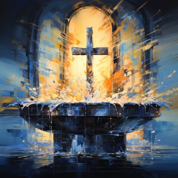 Abstract Artwork of a Church's Baptismal Font Filled with Holy Water AI Generated