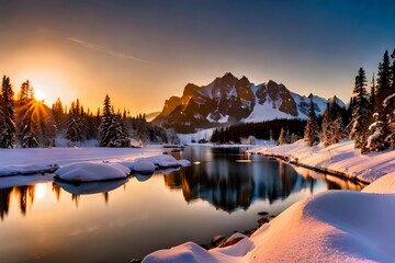 "Epic Sunrise Splendor: Behold the Majestic Beauty of Snowy Mountains Under the Golden Glow!"