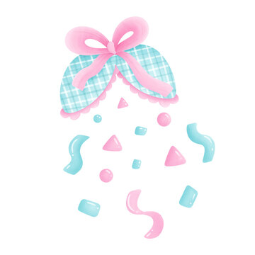 Party popper, confetti and pink ribbon 