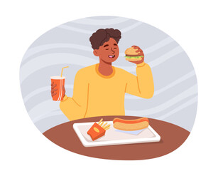 Boy eat fast food concept. Teenager sitting in cafe or restaurant with burger and french fry, hot dog. Character in catering building with junk and unhealthy eating. Cartoon flat vector illustration