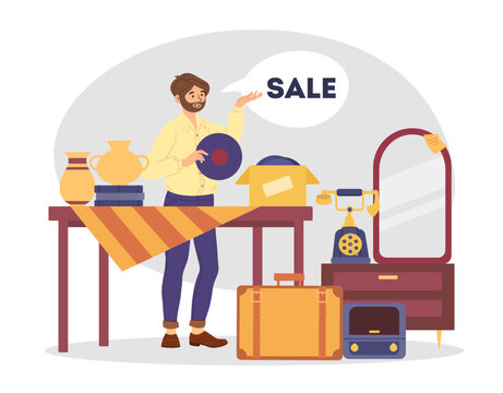 Man at flea market concept. Seller of antiques, young guy near vase and phone, luggage. Small outdoor business. Market and bazaar. Clothing and accessories. Cartoon flat vector illustration
