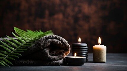 Spa background with towel and candles. Illustration AI Generative.