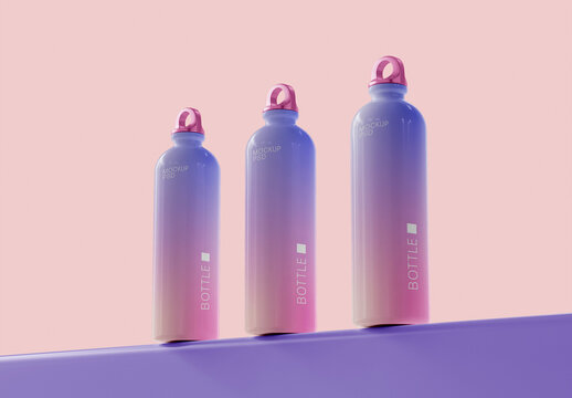 Three Metallic Sporty Bottles Mockup