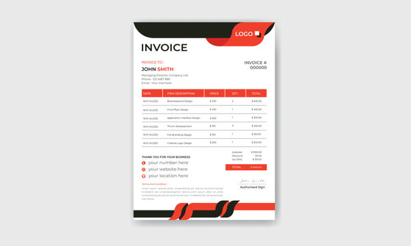Clean layout red corporate Invoice design template, vector illustration bill form price invoice.