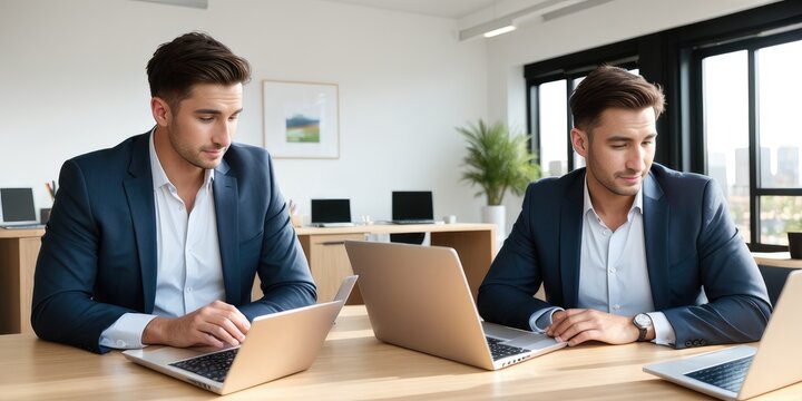 Two businessmen sitting at table, using digital tablet and laptop coworking at modern office, close up. Business colleagues working together, having a discussion on a project. Generative AI