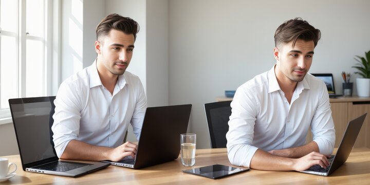 Two smiling businessmen working at laptop in office discussing ideas, happy managers analyzing company financial statistics, considering new projects or startups. Cooperation concept. Generative AI
