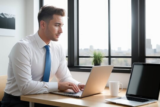 Portrait of businessman sitting in office, successful man worker employee by work desk looking at camera. Portrait of motivated young man working online using laptop. Generative AI