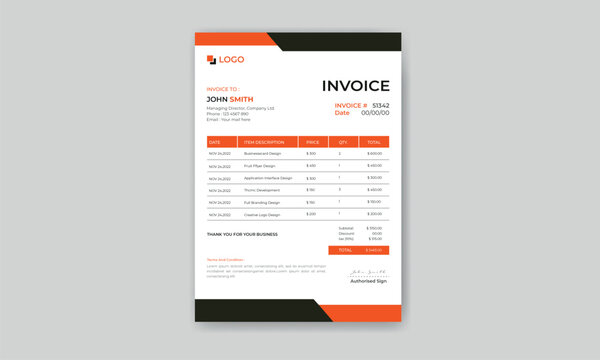 Clean corporate Invoice design template, vector illustration bill form price invoice.