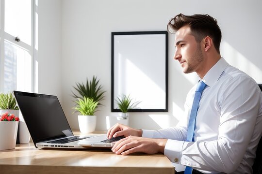 Portrait of businessman sitting in office, successful man worker employee by work desk looking at camera. Portrait of motivated young man working online using laptop. Generative AI