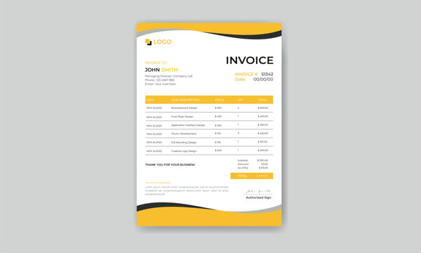 wavy yellow Invoice design, Bill form business invoice template,
