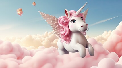 Cute Unicorn in Clouds. Illustration AI Generative.
