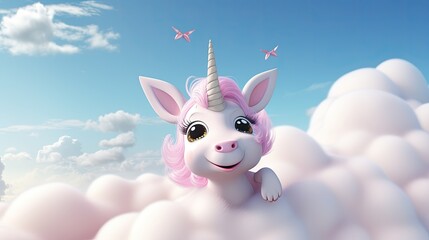 Cute Unicorn in Clouds. Illustration AI Generative.