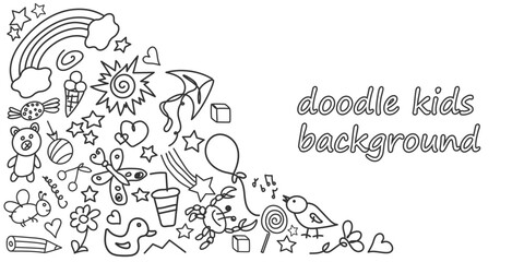 Kids doodle background. Template with children's black drawings. Outline drawn cartoon elements