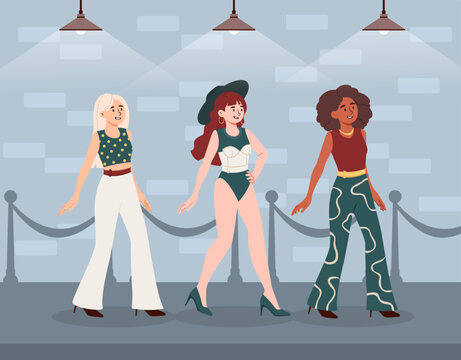 Fashion models at work concept. Women in trendy and fashionable clothes. Young girl at stage. People in casual outfir at podium. Poster or banner for website. Cartoon flat vector illustration