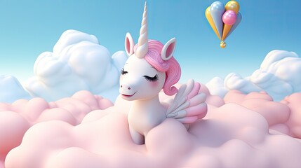 Cute Unicorn in Clouds. Illustration AI Generative.