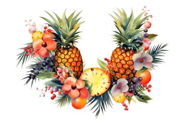 Tropical Fruits and Flowers Watercolor Illustration on White Background AI Generated