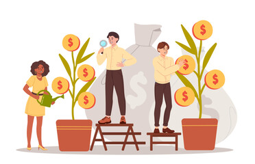 People with money plants concept. Men and women with money tree. Investment and trading. Financial literacy and passive income. Wealth and economy. Cartoon flat vector illustration