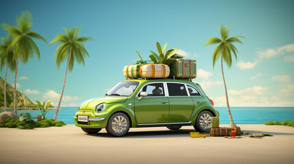 Green car with luggage ready for summer vacation 3D Rendering