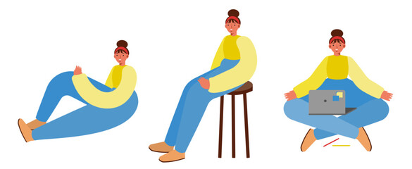 3 seated poses of a woman, on the ground, on a stool, with laptop.