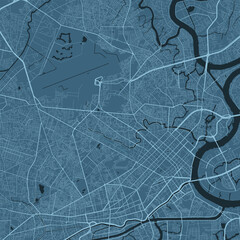Background Ho Chi Minh map, Vietnam, blue city poster. Vector map with roads and water. Widescreen proportion, flat design roadmap.